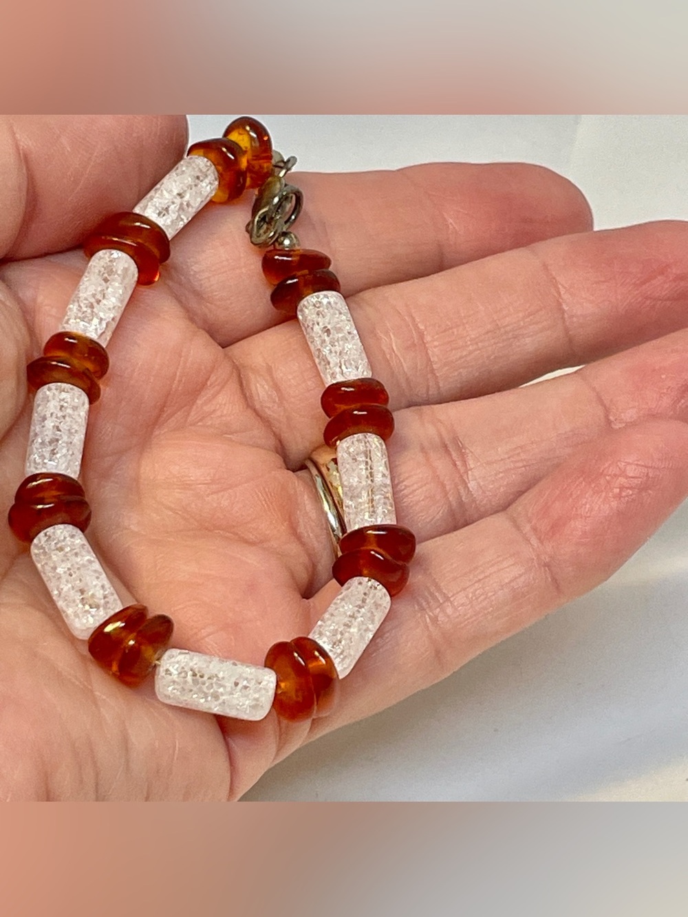 Vintage Clear Crackle Quartz Beads and Carnelian chip Bracelet